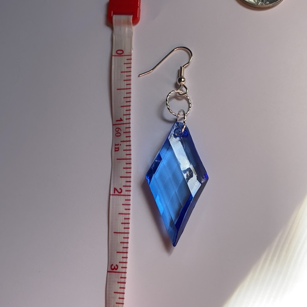 Hand Crafted Blue Diamond Earrings Dangle Diamond-Shaped Acrylic Retro New Wave - Picture 6 of 6